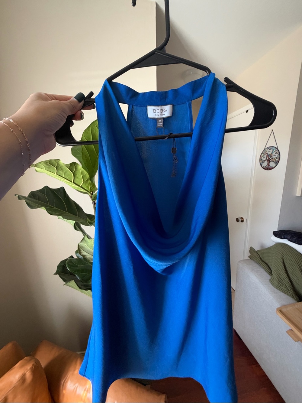 BCBG Electric Blue One-Shoulder Cowl Neck Dress
